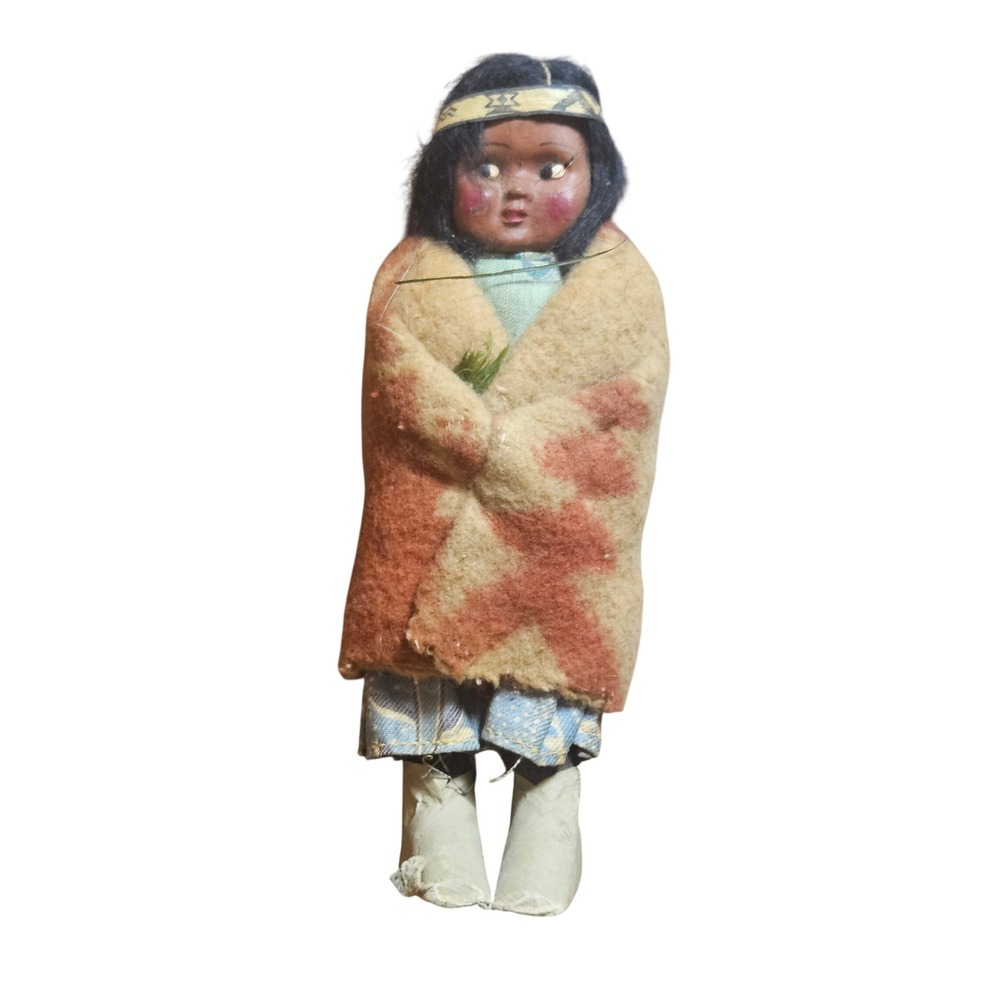 Vintage Skookum Native American Indian Doll 7" Hand Painted Wool Blanket Wrap